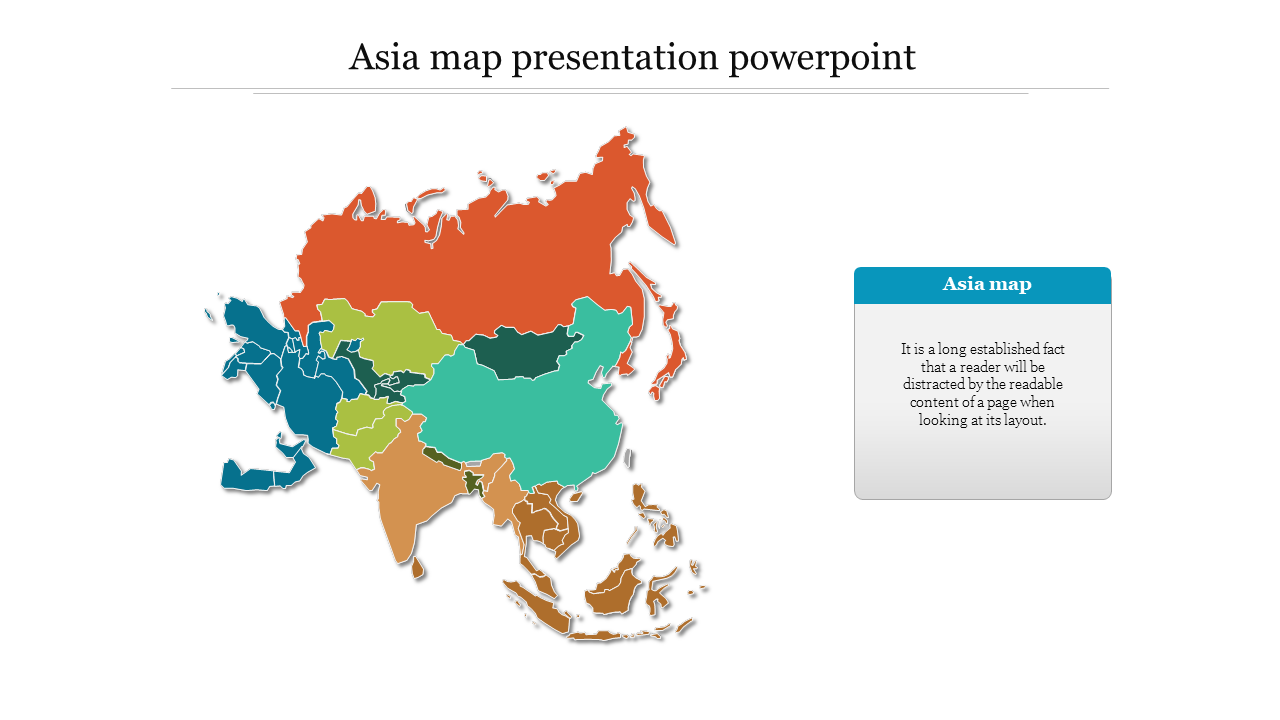 Vibrant map of Asia with separate regions highlighted in different colors and a caption areas on the right.