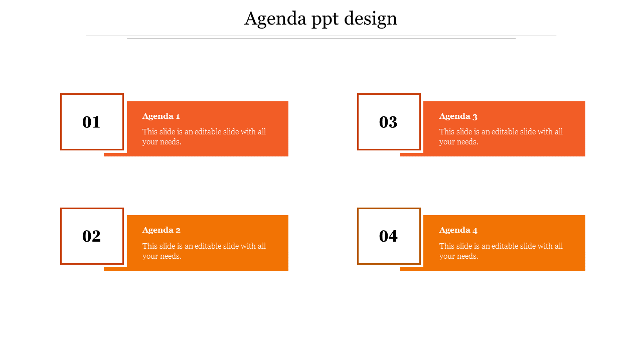 Agenda PowerPoint template featuring four orange numbered sections with placeholders for content and section titles.