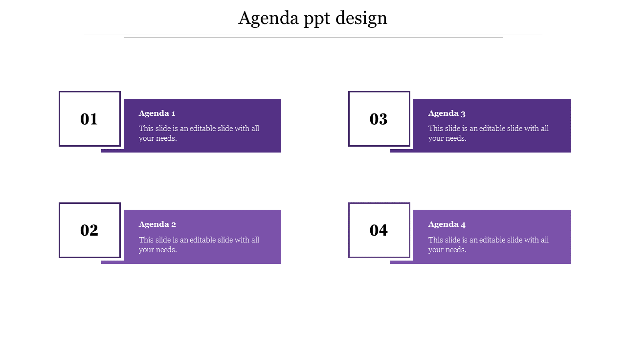 Agenda design featuring alternating purple and white sections with bold numbering and aligned text.