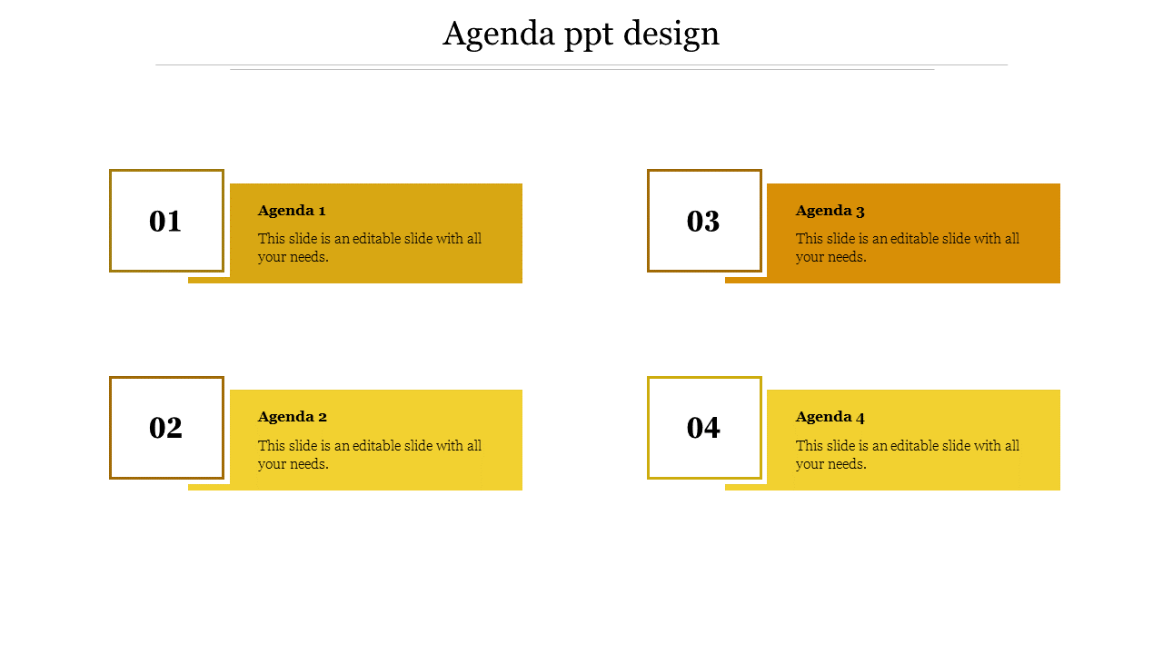 Agenda PowerPoint template featuring four yellow numbered sections with placeholders for content and section titles.