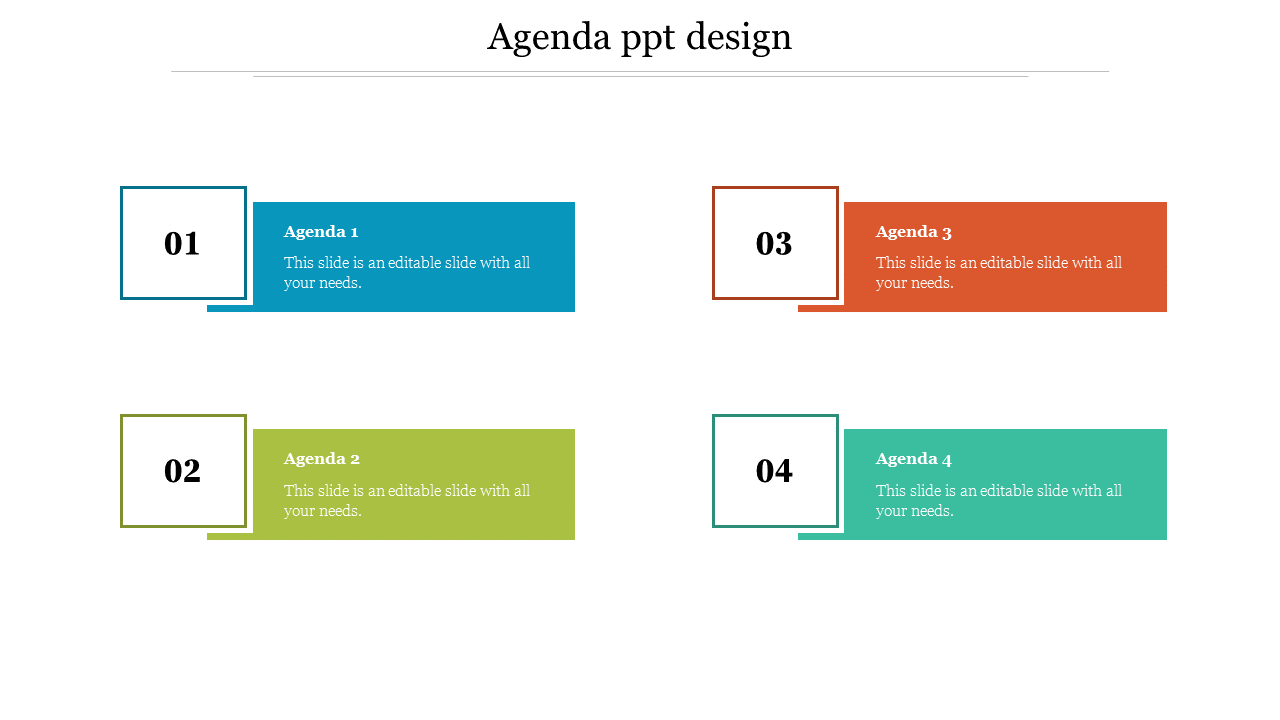 Colorful agenda PPT slide with four numbered sections in blue, green, orange, and teal, each labeled from 1 to 4.