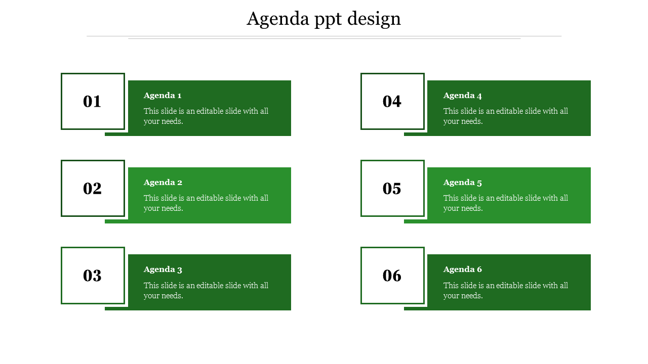 Agenda slide with six numbered steps in a grid layout, featuring bold green text boxes paired with caption areas.