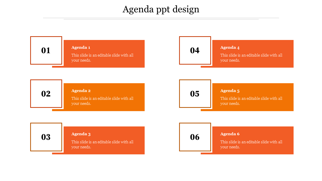 Agenda PPT design slide with six orange boxes labeled 1 to 6, with placeholder text.