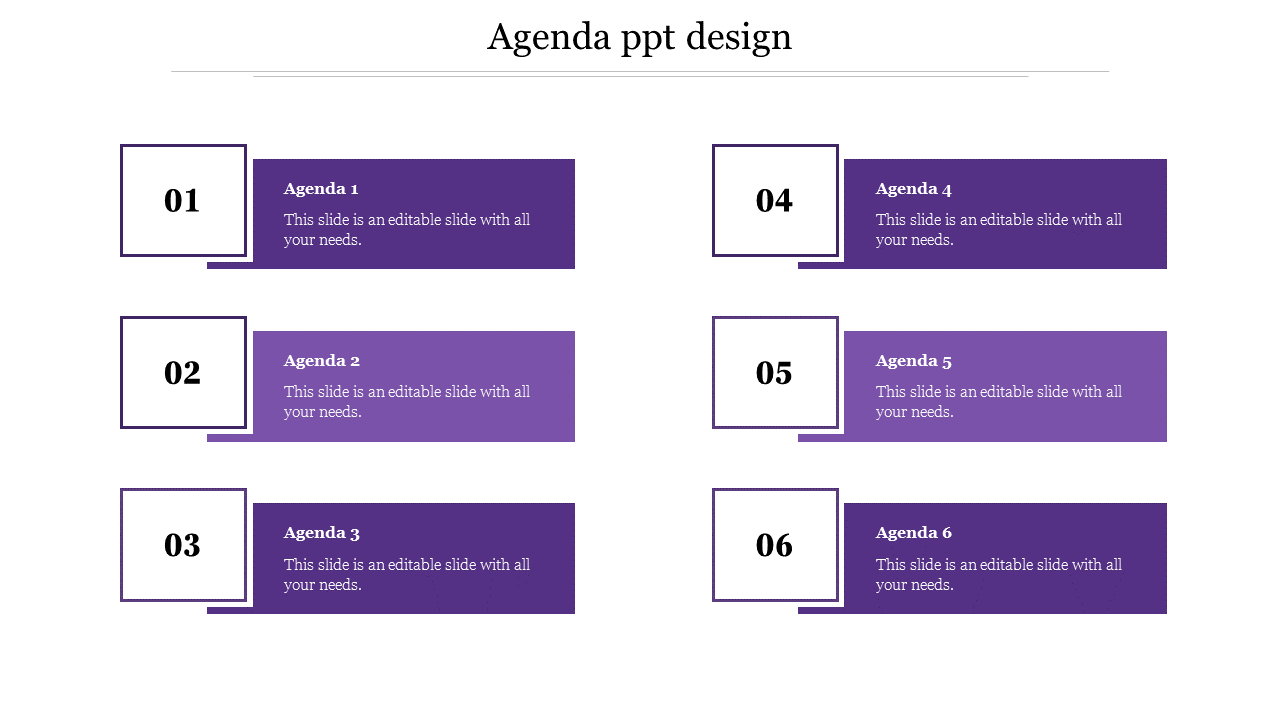 Agenda slide layout featuring six purple rectangular boxes, each paired with a white numbered square in a clean format.