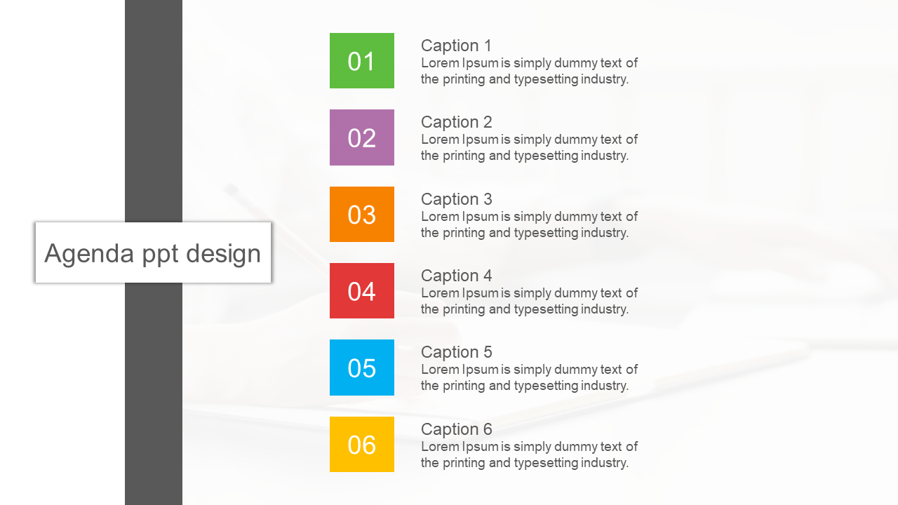 Six-box agenda template with alternating colored blocks, numbered 01 to 06, each paired with caption areas.