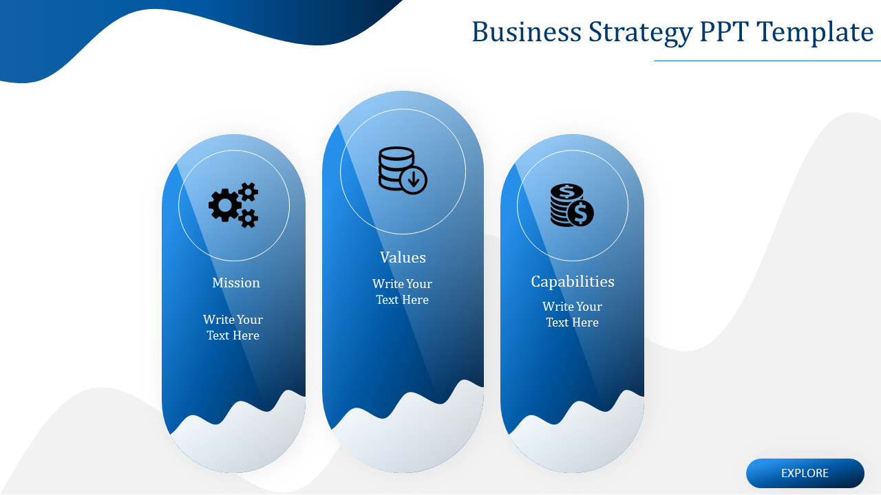 A business strategy slide with three sections for Mission, Values, and Capabilities, each with an icon and text space.