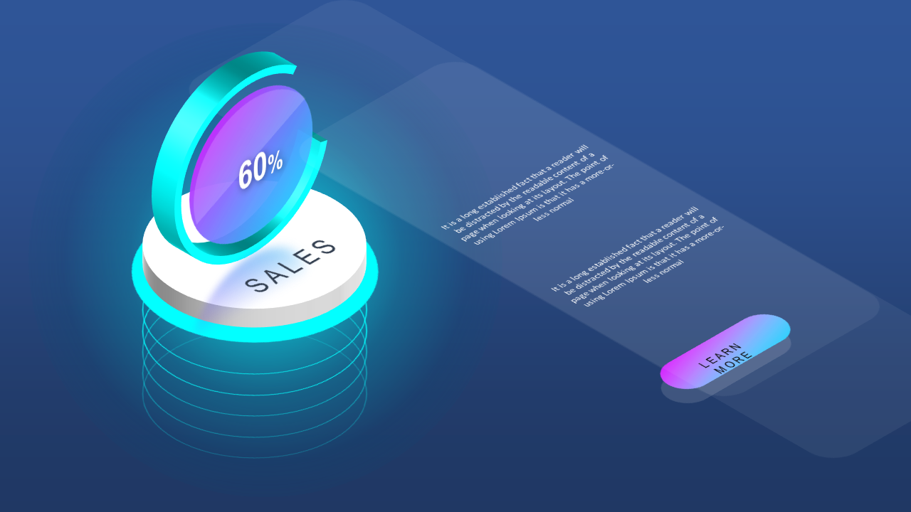 3D sales chart displaying a 60 percent sales progress with an informative text section and interactive button on blue theme.