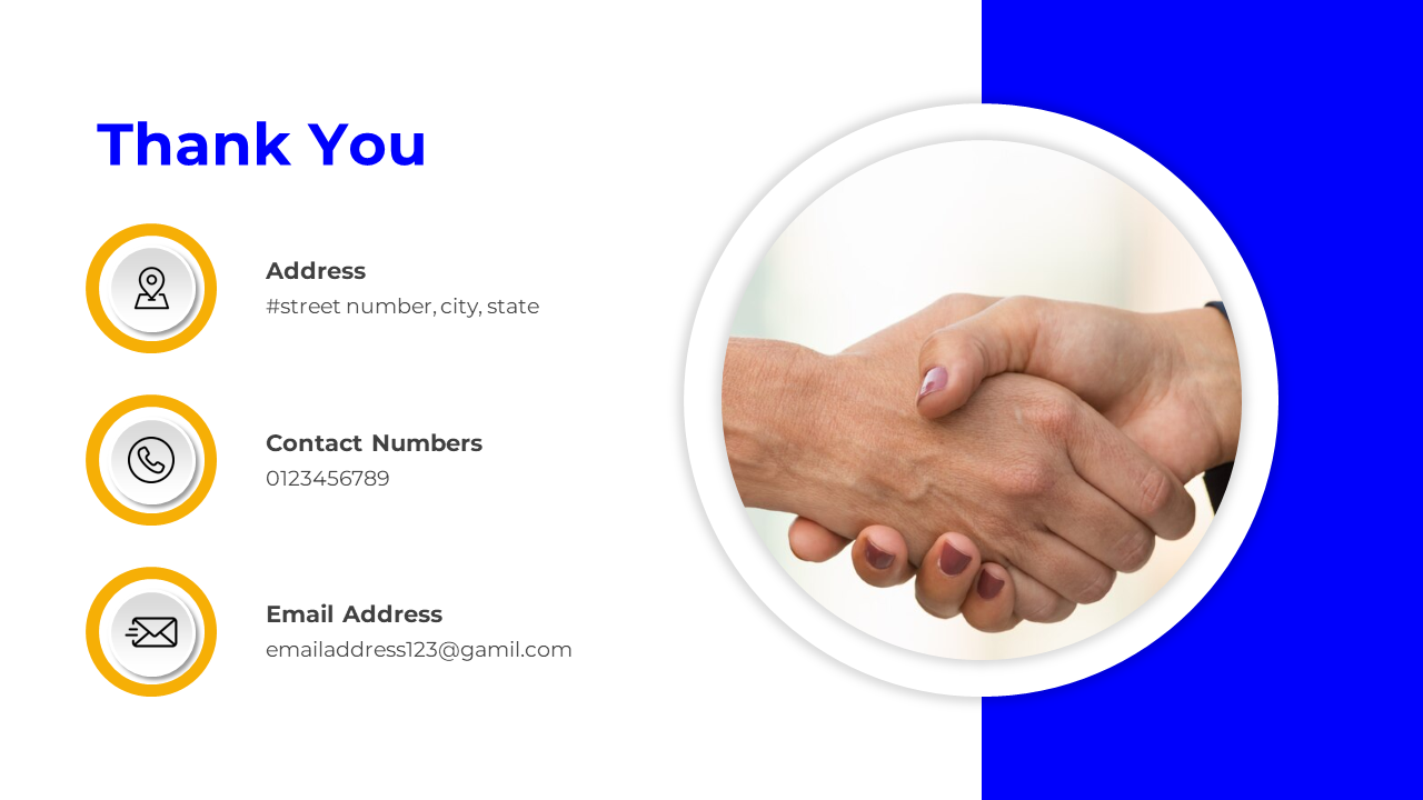 Thank you slide with a handshake photo, contact information icons, and a blue background accent.