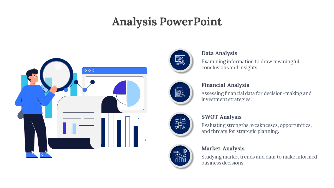 Illustration of a person analyzing charts in blue accents, with four analysis types listed on the right.