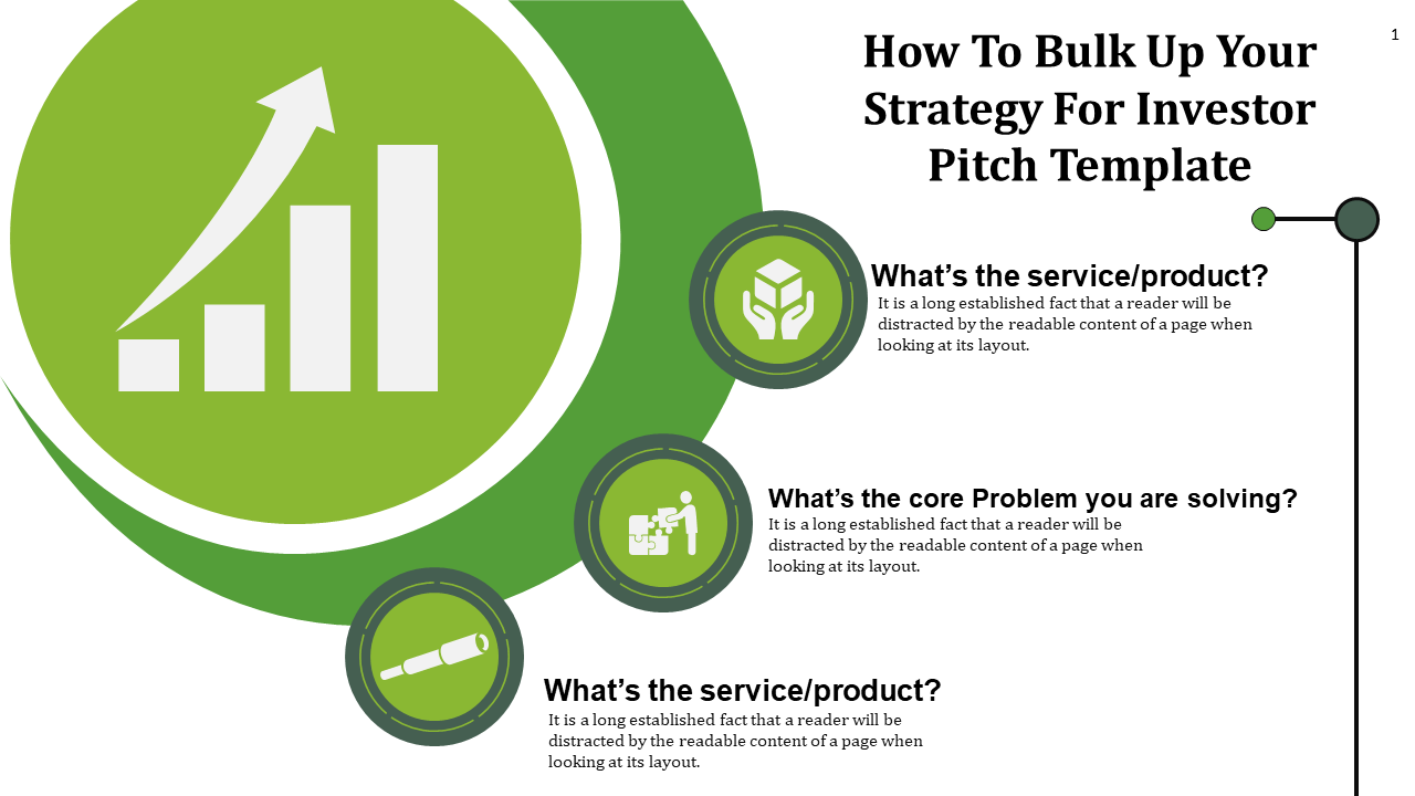 A green investor pitch template showcasing strategies for services or products and solving core problems with icons.