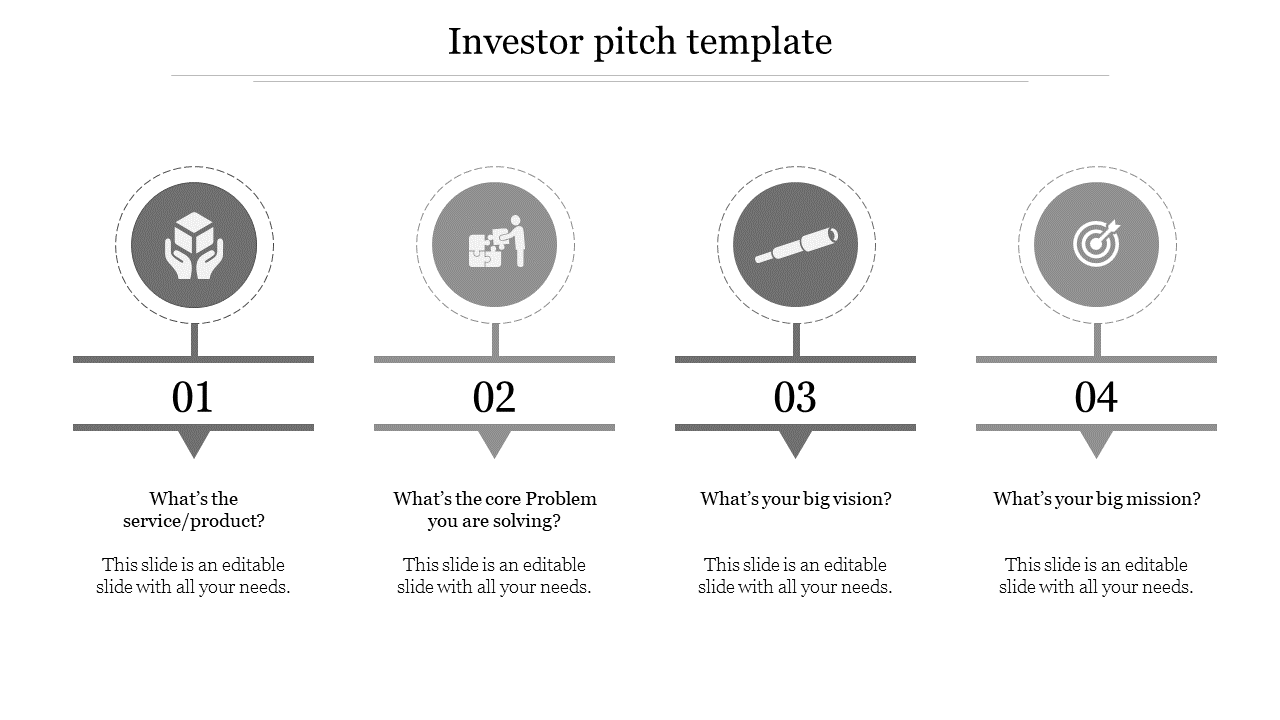 Slide featuring four circular icons with stepwise numbering, and key investor pitch questions in grayscale.