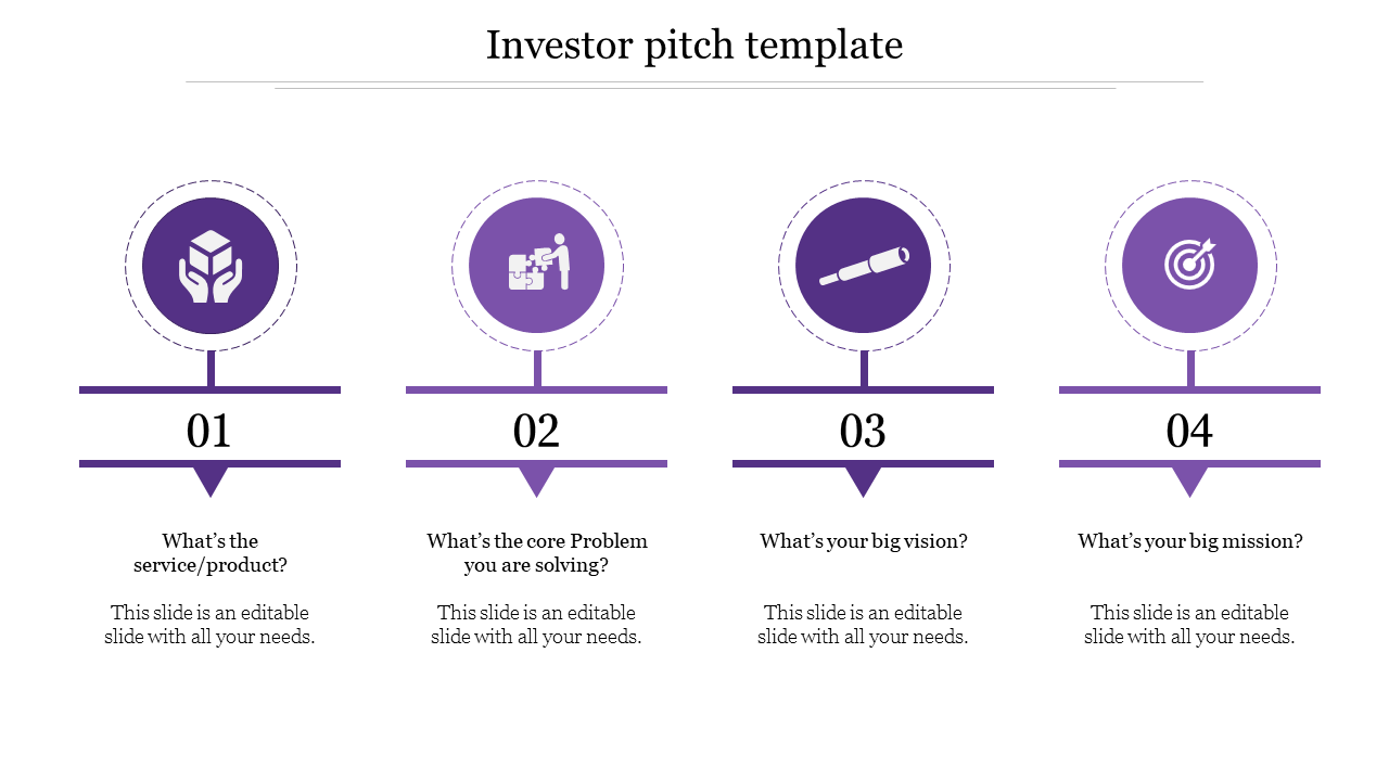 Slide with four purple circular icons, horizontal dividers, and numbered sections arranged in a row for an investor pitch.