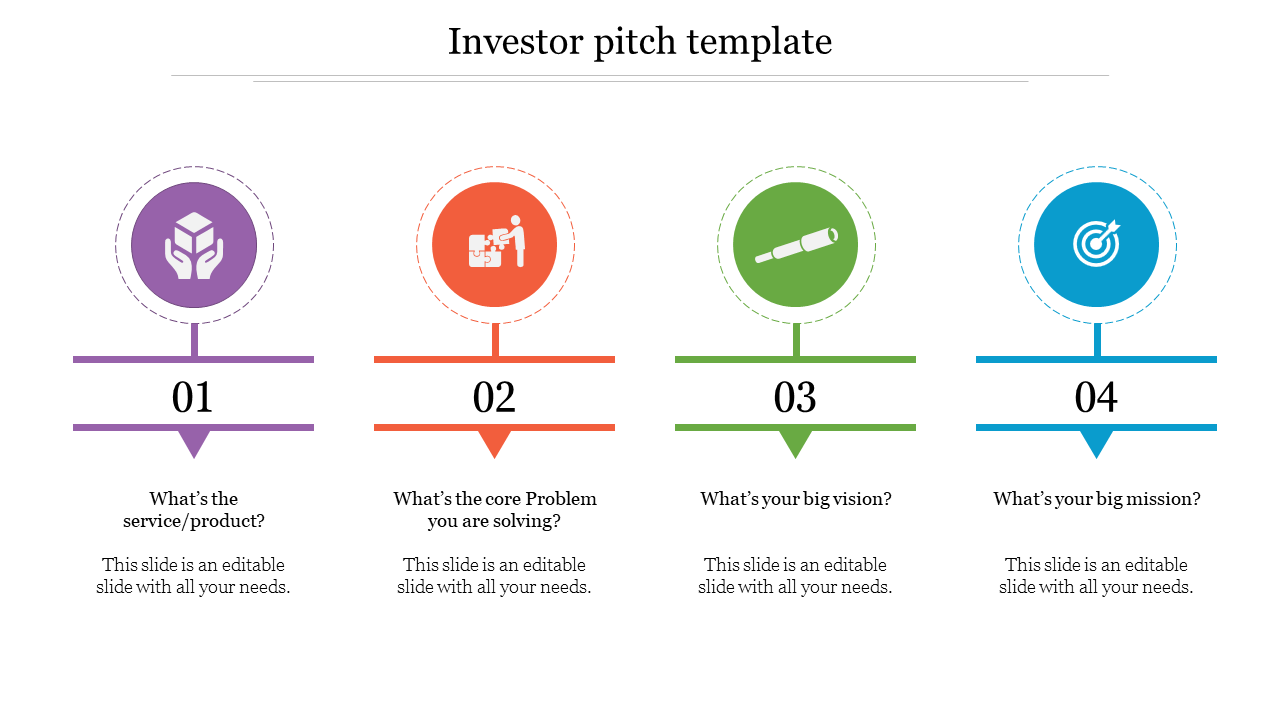 Investor pitch slide highlighting four sections in a clean layout with colorful icons with placeholder text.