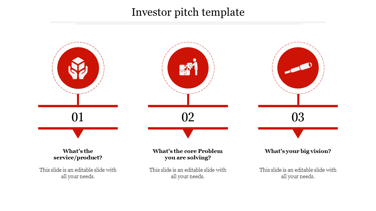 Red investor pitch template with three circular icons, numbered sections, and text descriptions in a structured layout.