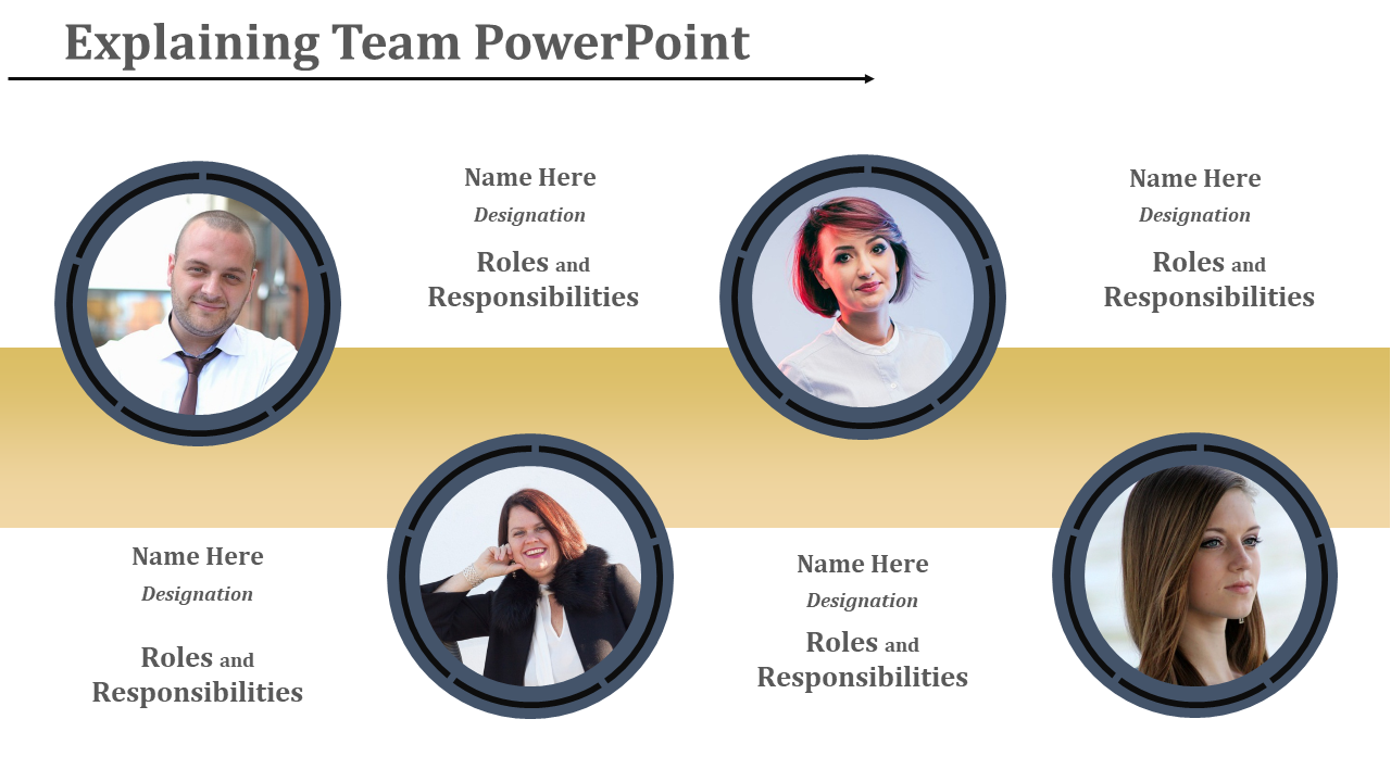 A PowerPoint slide explaining team roles with individual portraits, names, designations, and responsibilities.