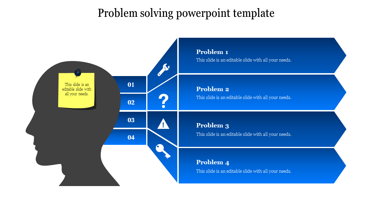 Problem solving PPT slide with a silhouette of a head and four blue arrows pointing to different problems and solutions.