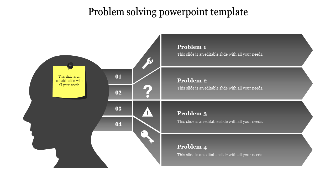 Grayscale slide featuring a human head silhouette with yellow sticky note, four numbered steps, and arrowshaped text boxes.