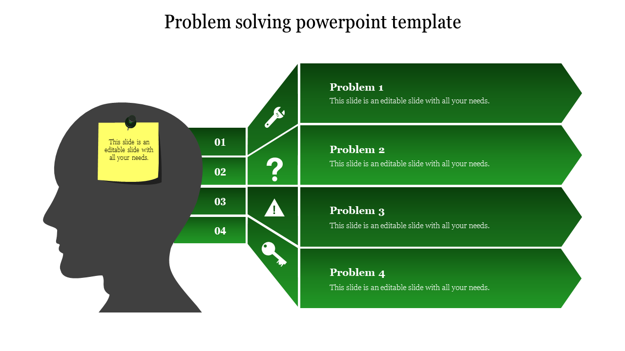 Silhouette of a head with a yellow sticky note, linked to four green rectangles labeled with problem-solving steps and icons.