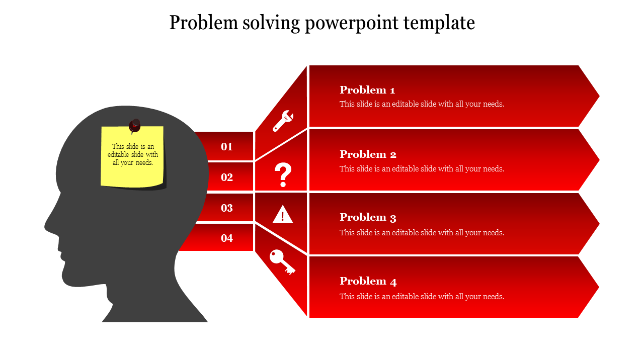 Problem-solving template with silhouette head, sticky note, and four red arrow blocks labeled with icons and text.