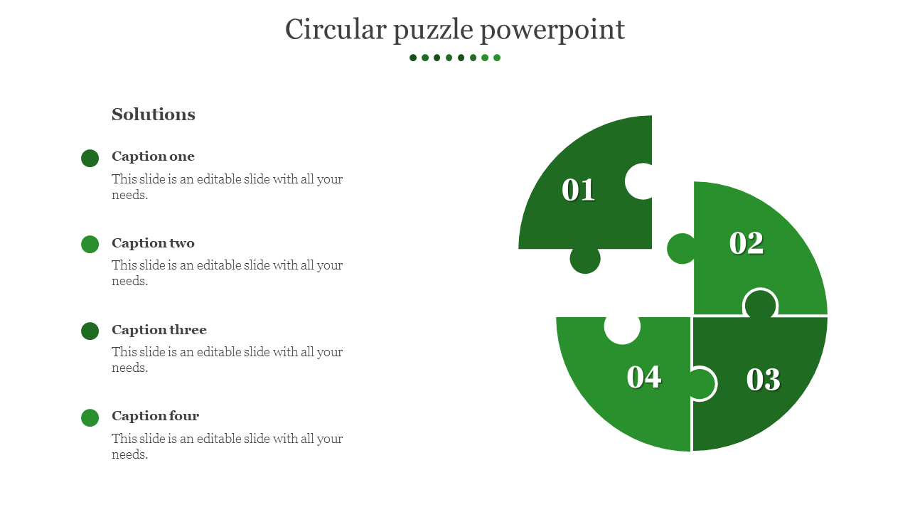 Green circular puzzle PowerPoint slide with numbered segments, each labeled with a caption and a placeholder for solutions.