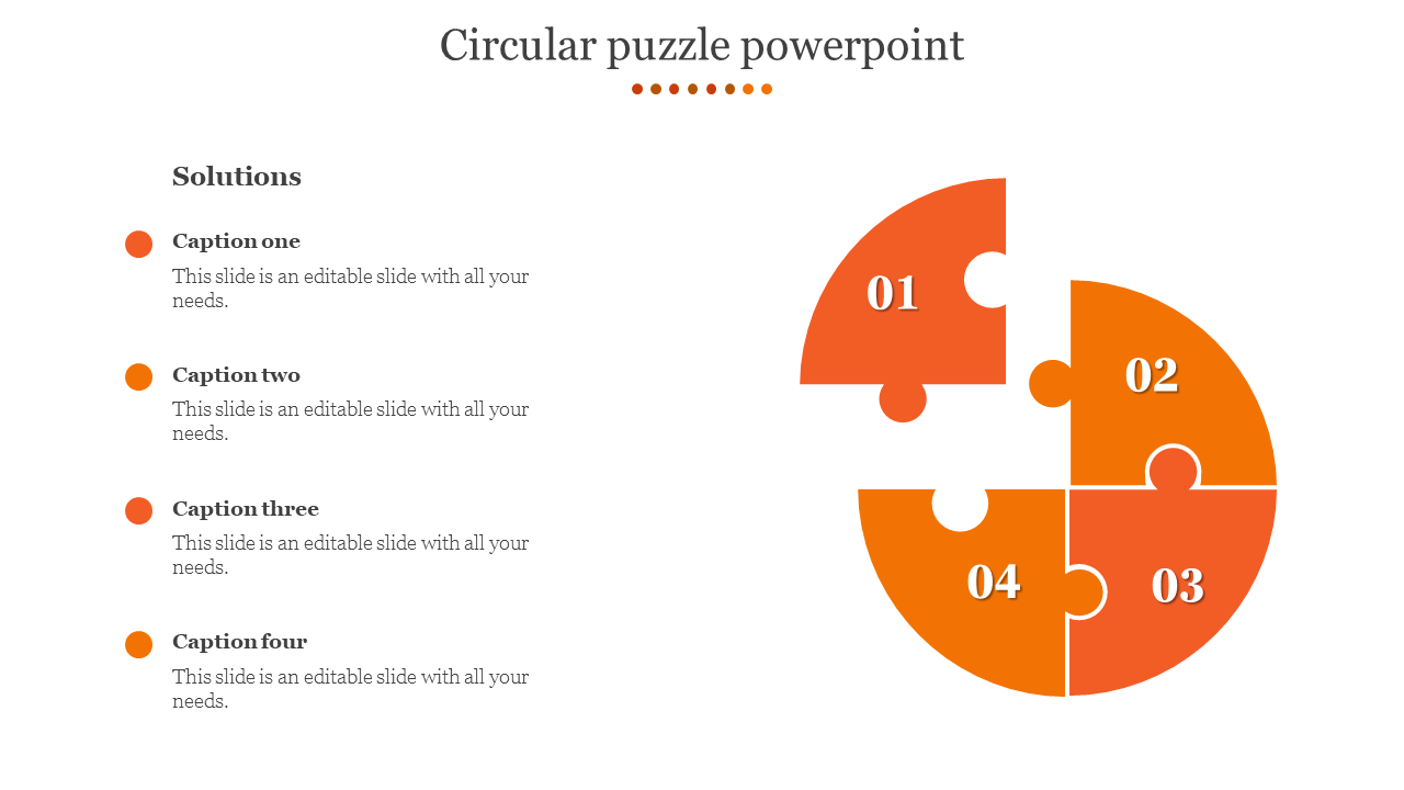 Template with a four part circular puzzle diagram and matching captions, designed in orange and white.