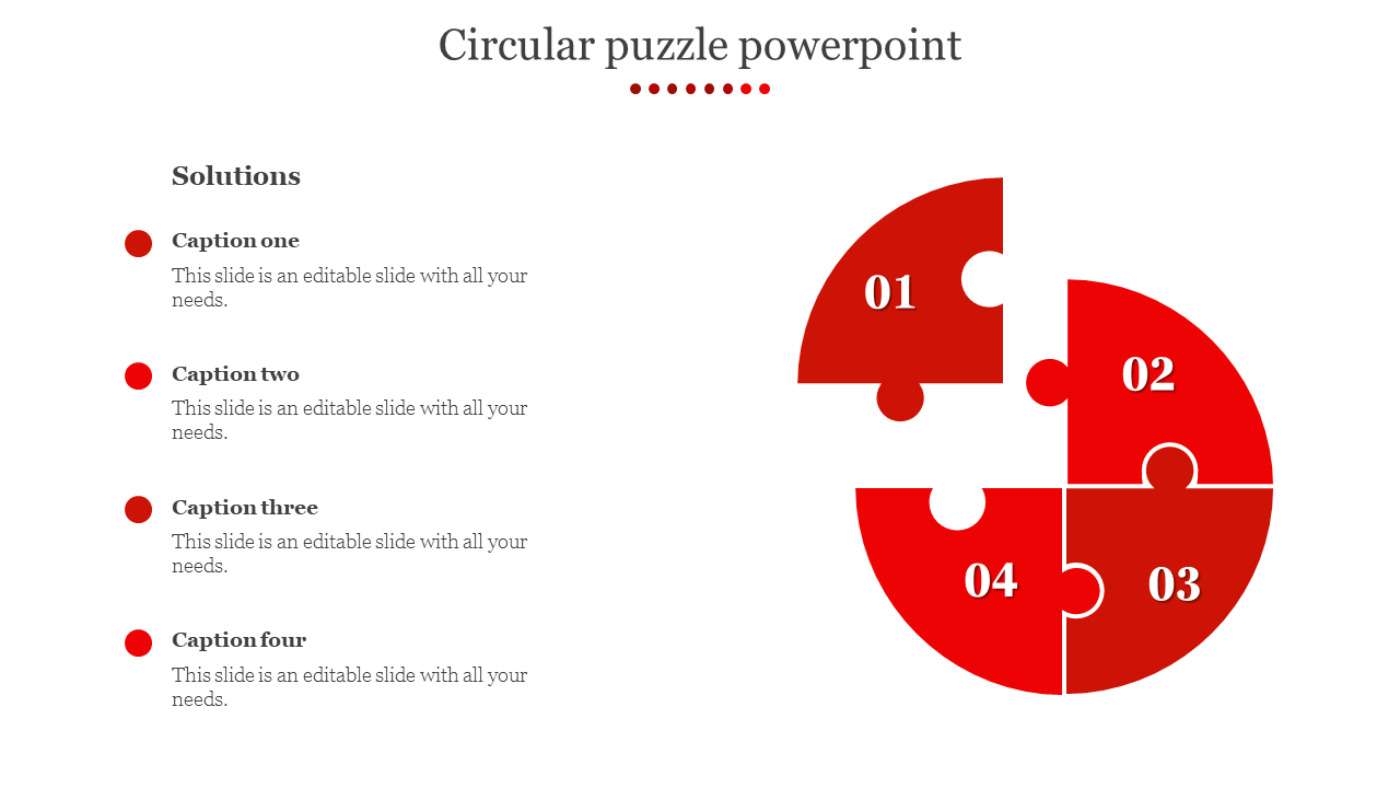 Circular puzzle PowerPoint slide with numbered segments, each labeled with a caption and a placeholder for solutions.