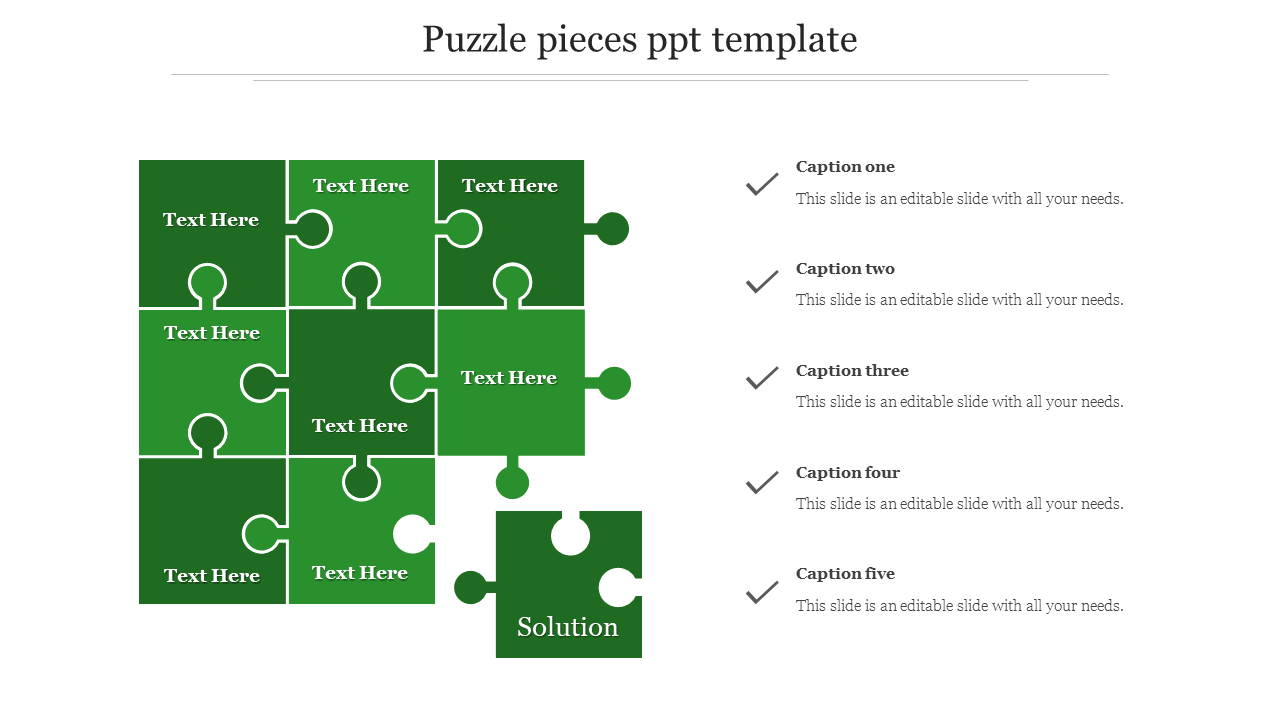 Green puzzle layout with nine pieces, one detached at the bottom, and a list of five captions on the right.