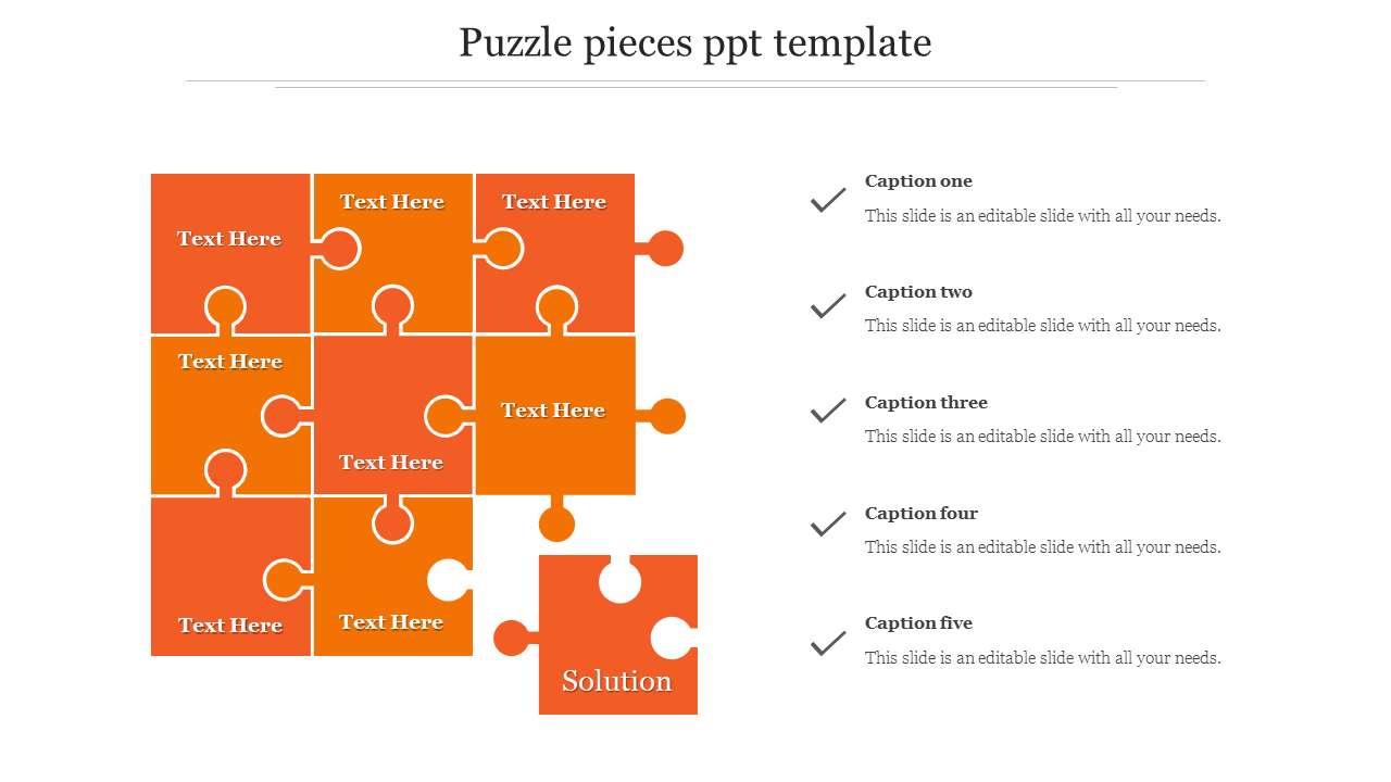 Orange puzzle pieces slide with text placeholders and one piece symbolizing the solution, accompanied by five captions.