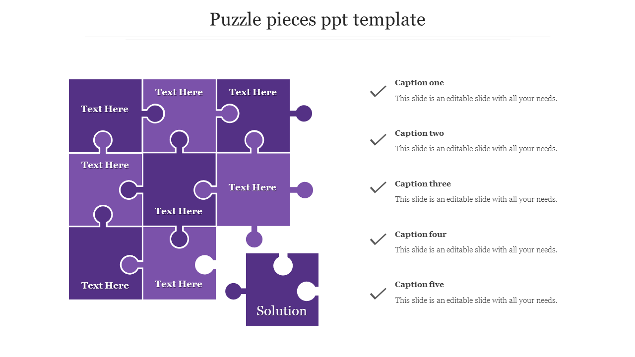 Nine purple puzzle pieces, with one detached and five captions with checkmarks on the right.