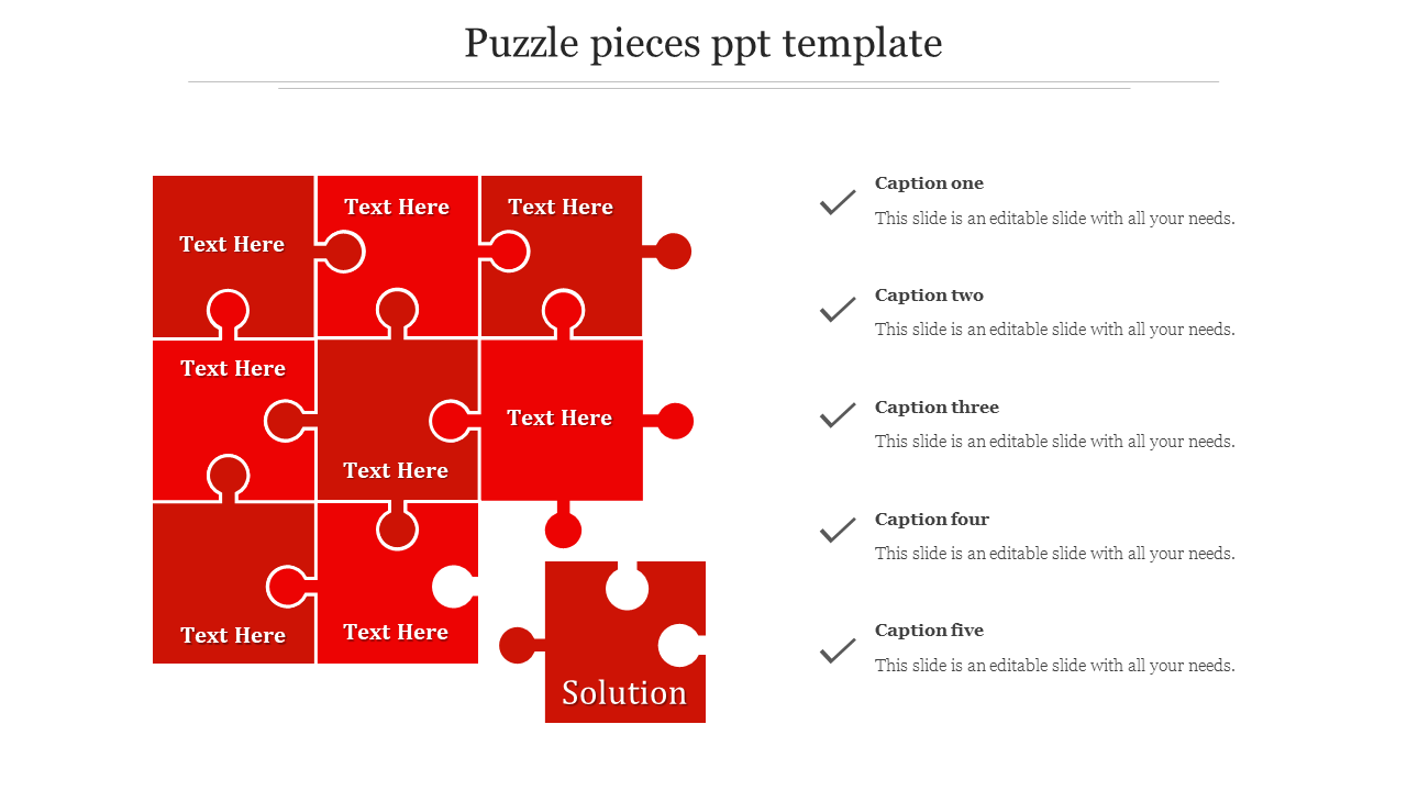 Red puzzle pieces PPT template with empty text boxes and a piece labeled solution to represent a problem solving process.