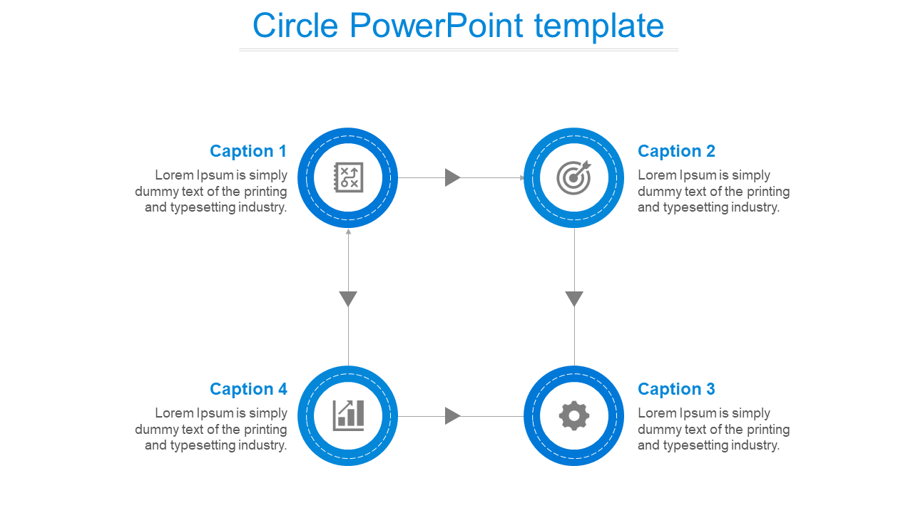 Flowchart style design with four blue circles, featuring icons and captions in a square layout with connecting arrows.