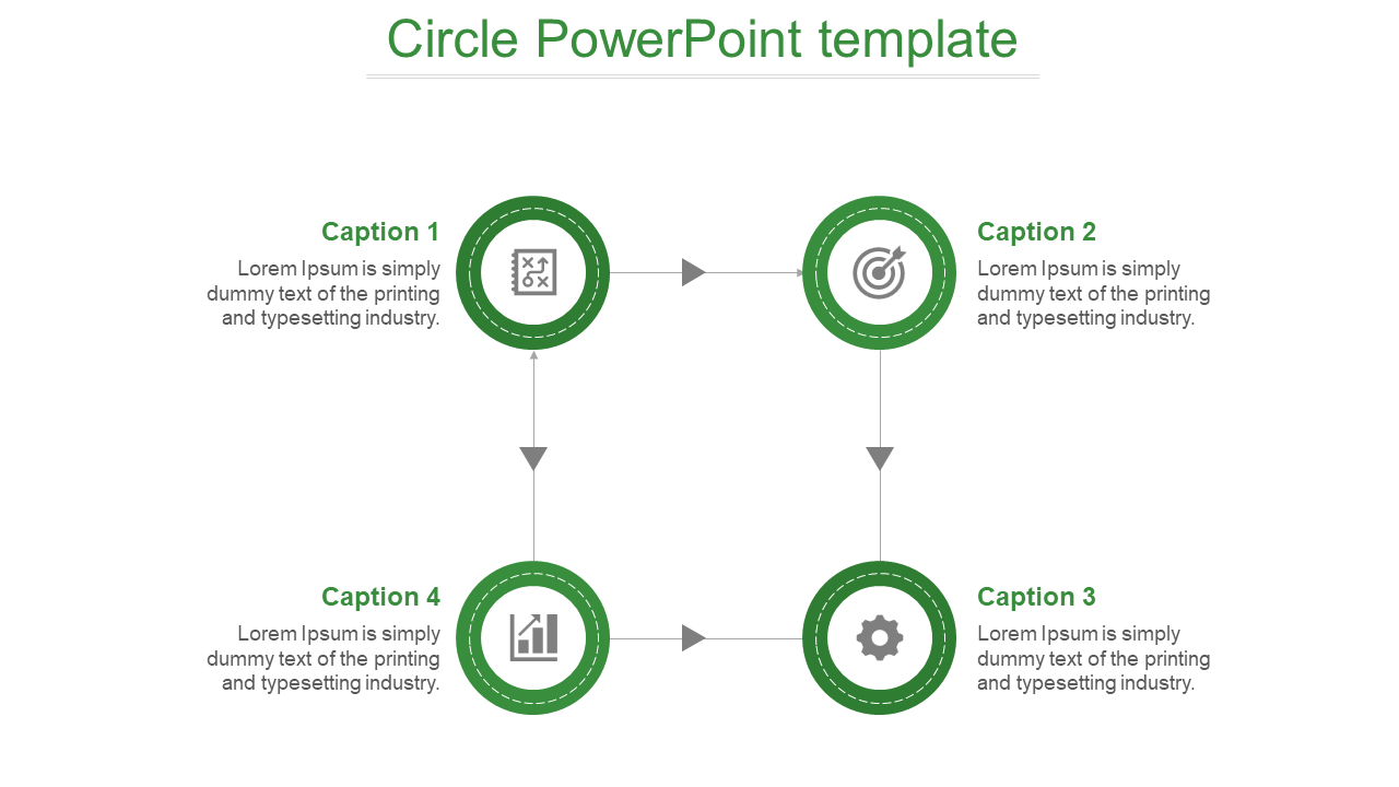 A Circle PowerPoint template featuring four green circular icons with corresponding captions for each section.