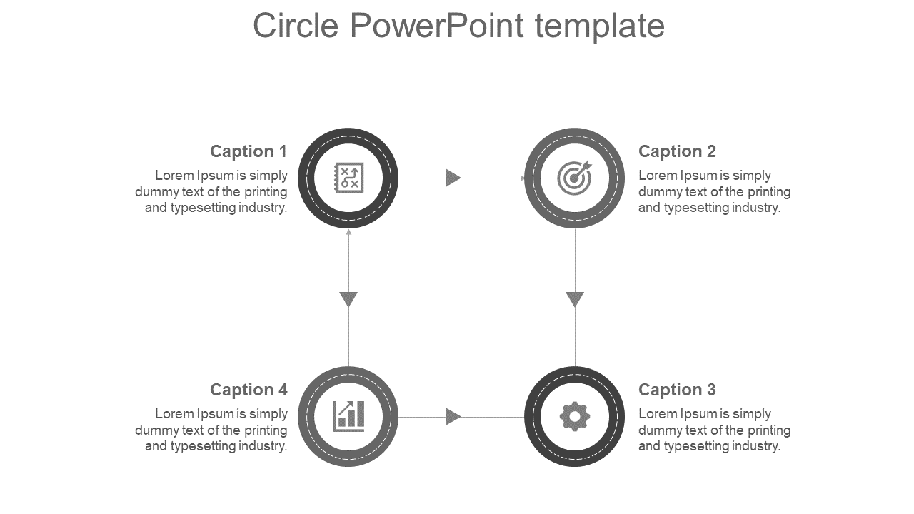 Grey circle PPT slide with four circular icons connected by arrows, representing strategy, target, growth, and tools.