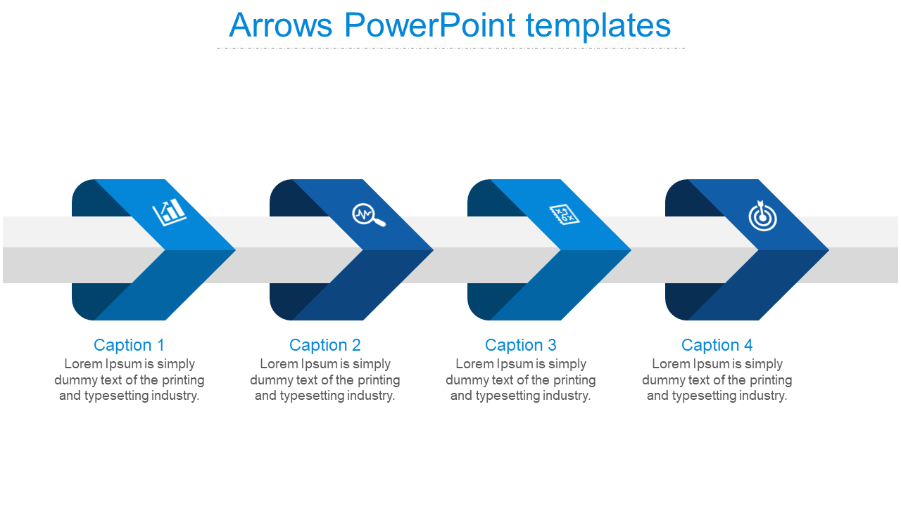 Blue arrows PowerPoint template featuring four arrows with icons for analytics, search, growth, and target with captions.