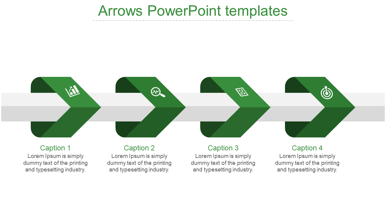 Four green chevron shaped arrows pointing right across a horizontal white strip, each with captions and icons.