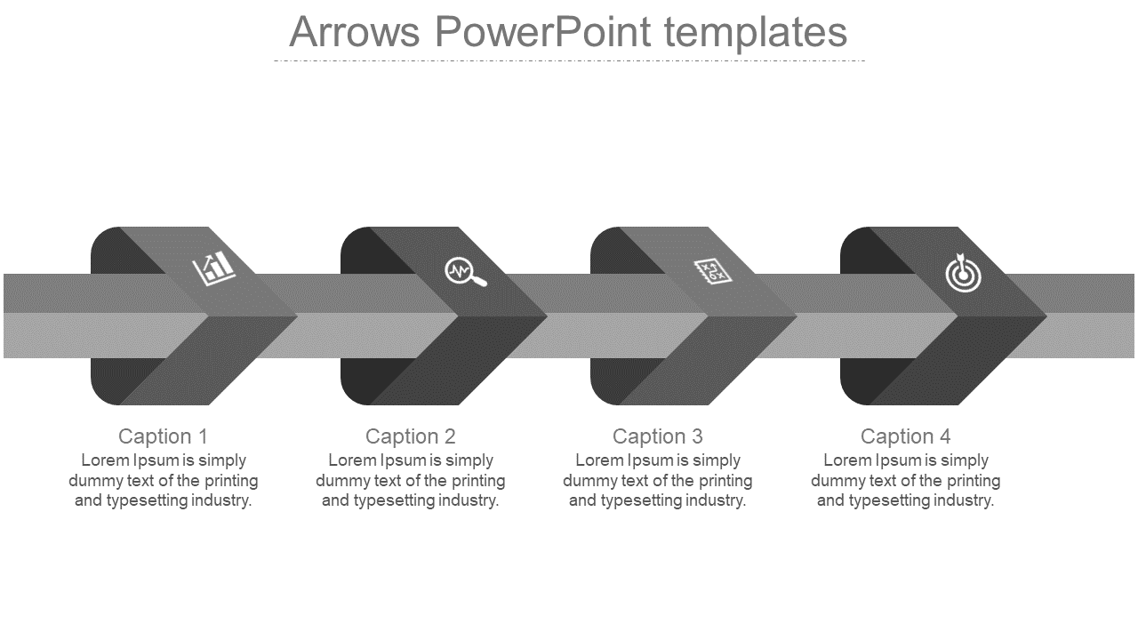 Gray gradient arrow PowerPoint template with four sections for captions, each with an icon representing stages or steps.