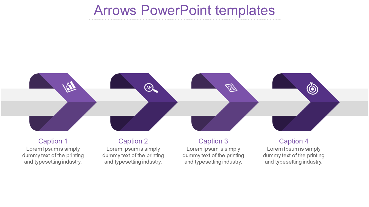 Purple arrows PowerPoint template featuring four arrows with icons for analytics, search, growth, and target with captions.