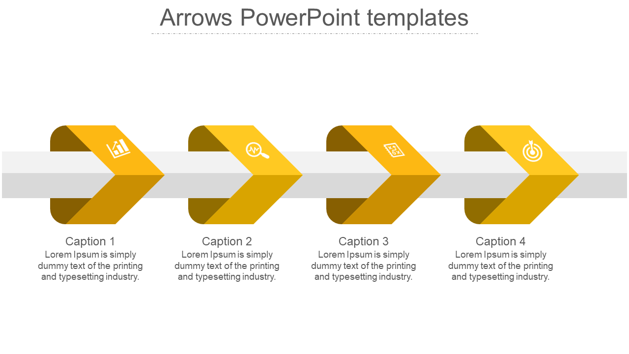 Row of four yellow arrows pointing to the right on a gray line, with corresponding captions beneath.