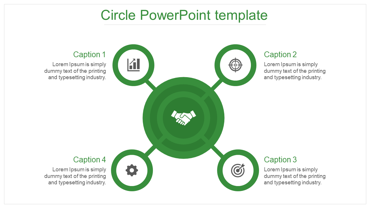 Circle  template with a central handshake icon connected to four surrounding icons and caption areas.