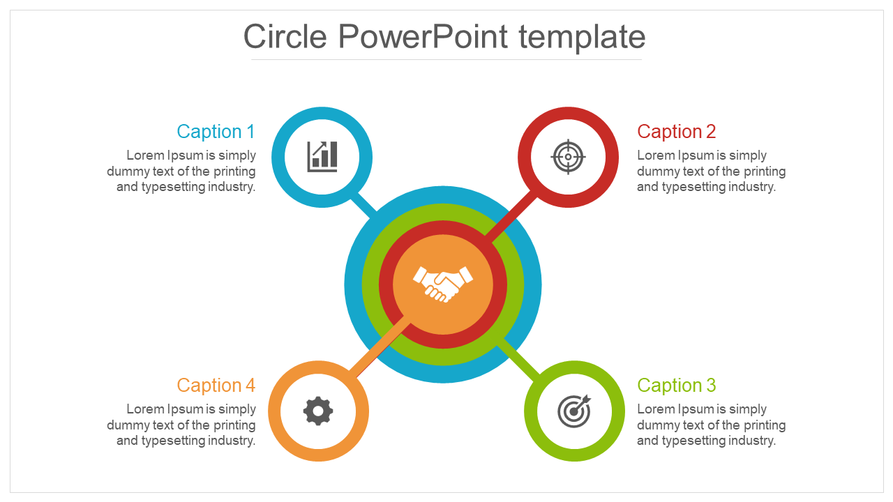 Circle PPT slide with a handshake icon at the center, connected to four captions with icons and placeholder text.