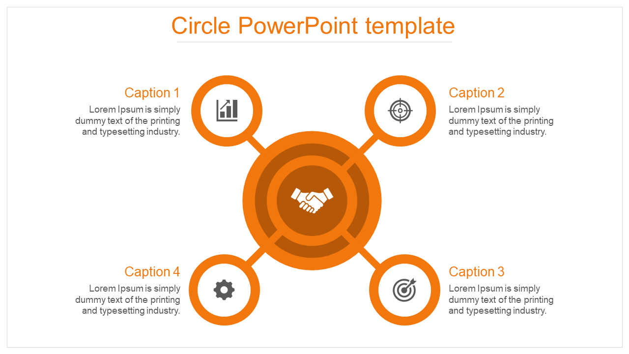 Orange circle template with handshake at the center and four surrounding icons with captions.