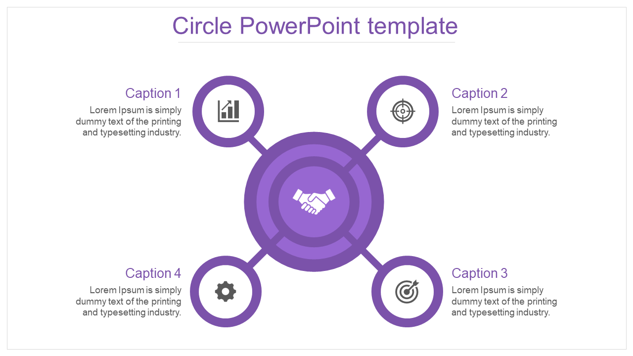 Circle PowerPoint template with purple icons representing growth, partnership, strategy, and settings with captions.