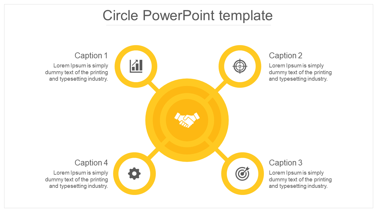 Yellow circular layout with four icons, surrounding the central handshake symbol, with captions in a symmetrical design.