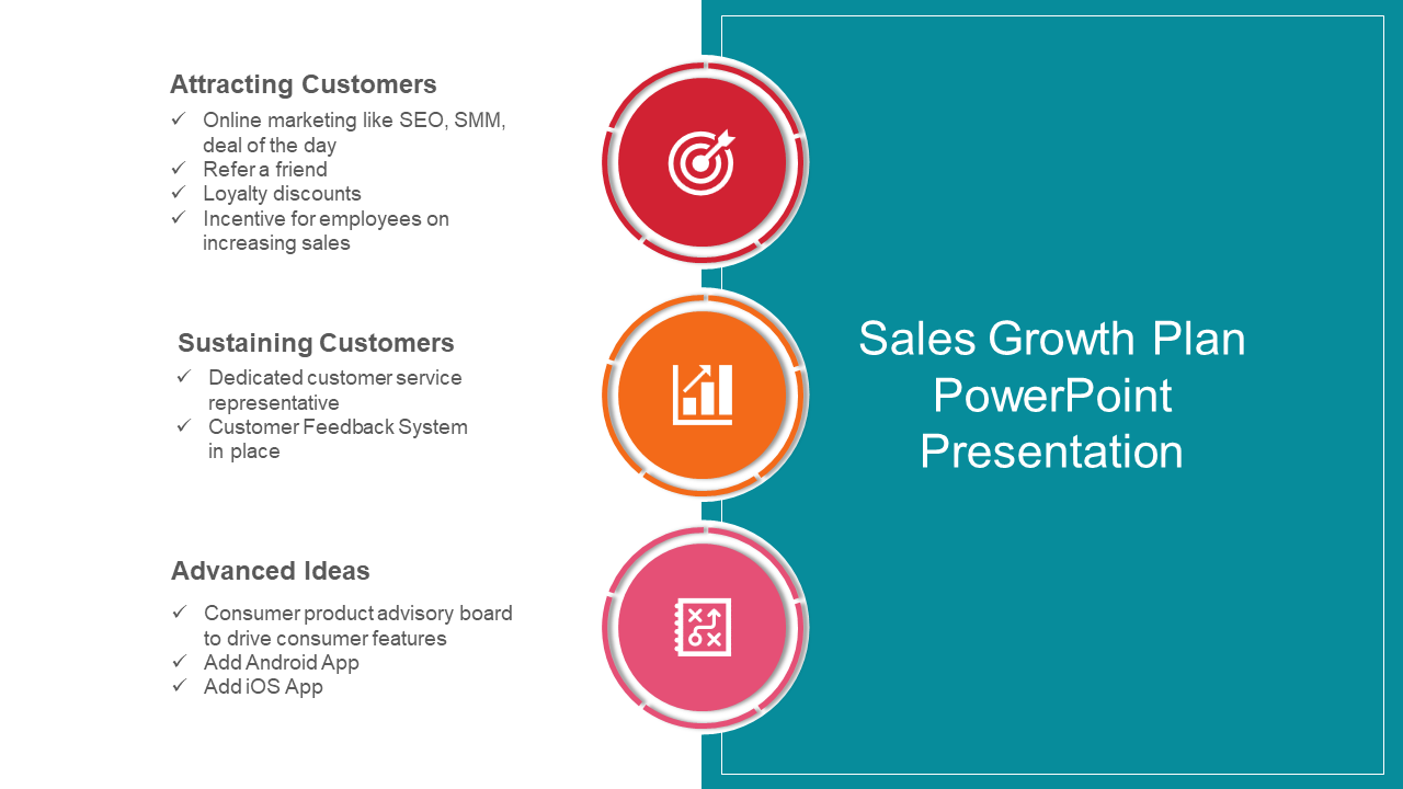 Sales growth plan slide with colored icons and bullet points outlining strategies on a blue background with title text.