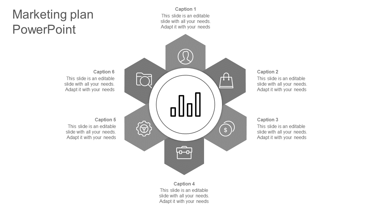 Marketing plan template with a hexagonal layout, focusing on six key elements represented by icons, captions, and a graph.