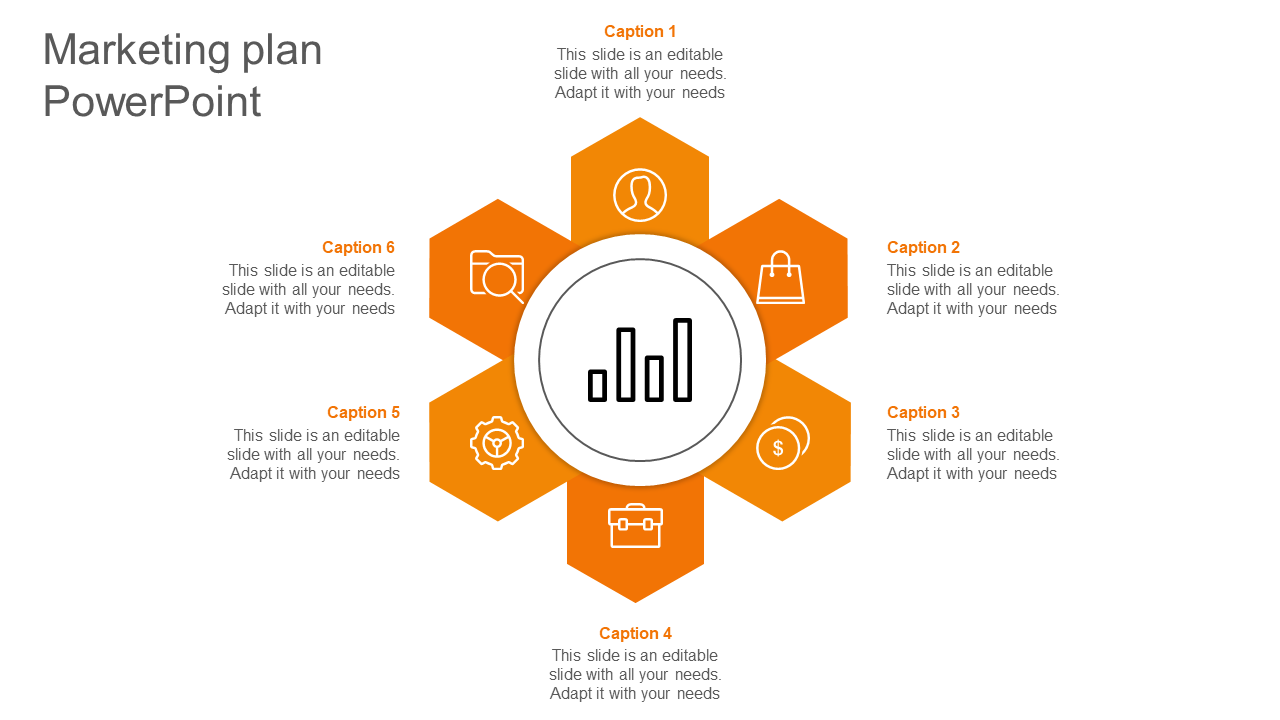 Central circle with a bar chart surrounded by six orange hexagons with icons representing different elements.