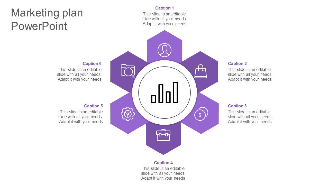 A central circular graph icon and six surrounding hexagons, each with an icon representing different aspects of marketing.