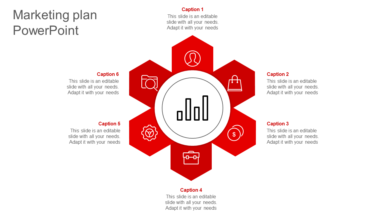 Marketing plan PowerPoint template featuring six red sections around a central bar graph, each with an icon.