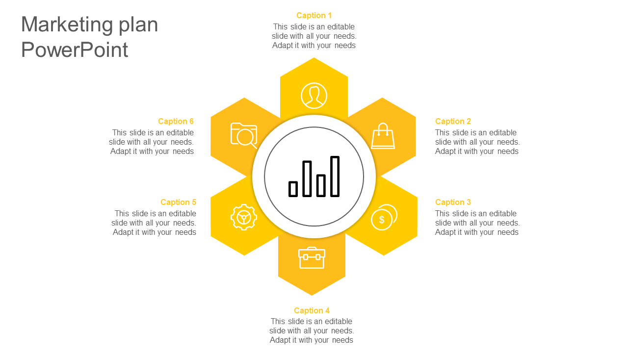 Circular central chart graphic with six yellow pentagonal nodes each featuring an icon and captions.