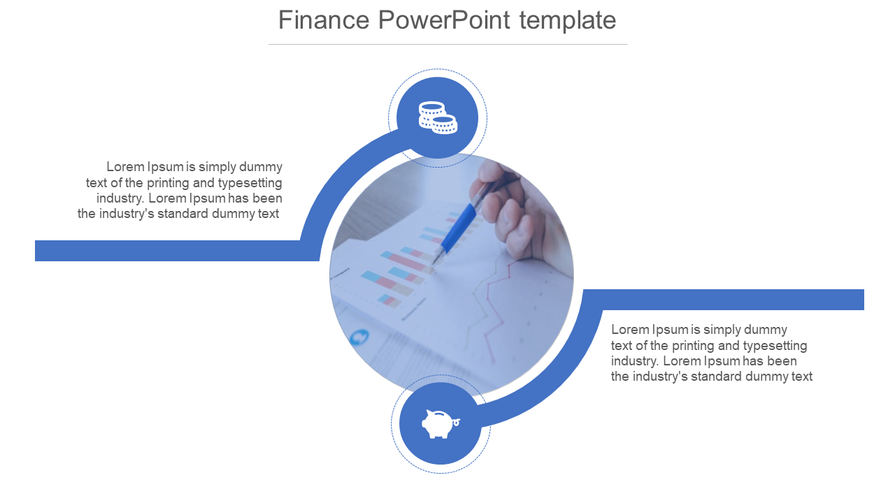 Template showing a financial report with charts in the center, connected to two blue financial symbols.